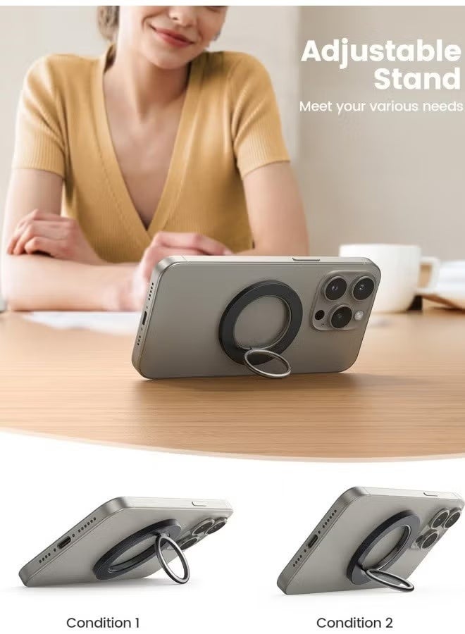 سوبرسو حامل هاتف حلقي مكون من قطعتين متوافق مع MagSafe، حامل مغناطيسي قوي للهاتف، مقاوم للخدش، قابل للتعديل، متوافق مع iPhone 17 و16 و15 و14 و13 و12 وPro وPro Max وMini وPlus، مع حافظات الهواتف المغناطيسية، وأجهزة Android، يُستخدم مع حلقة حديدية (قطعة سوداء وقطعة فضية). - Image 2